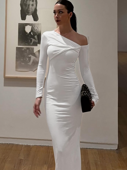 Women's Sexy One Shoulder Maxi Dress Long Sleeve Twist Knot Ruched Elegant Evening Party Bodycon Dress Polyester Spandex Solid Color Slim Fit Long Gown