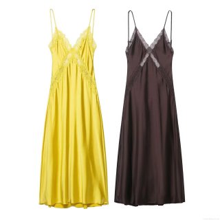 Women's Sexy Satin Lace Patchwork Slip Dress V-Neck Sleeveless Backless Maxi Cami Dress for Party Dating Nightgown Streetwear