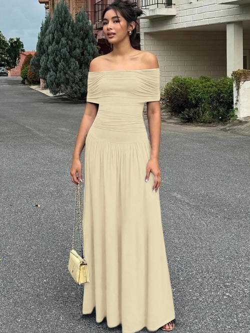Women's Elegant Off-Shoulder Pleated Maxi Dress Solid Color Bodycon Ruched Waist Sleeveless Polyester Spandex Long Dress for Party Vacation Summer
