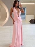 Women Sexy Deep V Neck Halter Backless Maxi Dress Summer Elegant Ruched High Slit Bodycon Long Dresses For Party Club Evening Wear Solid Color Polyester Spandex Gown