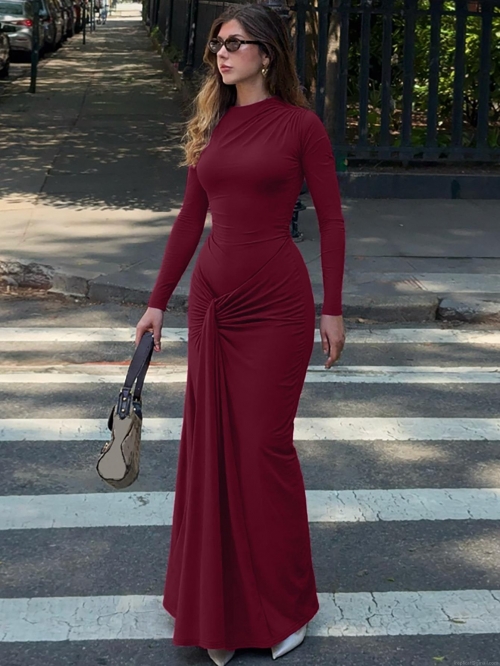 Women Elegant Twist Ruched Bodycon Maxi Dress Long Sleeve Round Neck Slim Fit Solid Color Polyester Spandex Party Evening Dress For Women