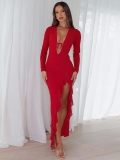 Women Sexy Maxi Dress Elegant Deep U Neck Tie Up Side Slit Ruffle Long Sleeve Bodycon Dresses For Party Formal Evening Wedding Guest Night Out Dress