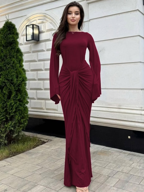 Elegant Ruched Waist Tie Long Sleeve Maxi Dress Women Round Neck Polyester Spandex Slim Fit Bodycon Club Party Evening Dresses