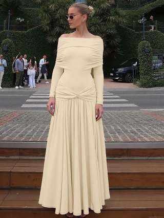 French Elegant Off The Shoulder Ruched Maxi Dress For Women Long Sleeve Polyester Spandex Twist Knot Evening Party Wedding Slim Fit Dress