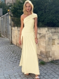 Women's Sexy One Shoulder Ruched Maxi Dress Elegant High Slit Bodycon Long Dress Solid Color Sleeveless Party Evening Clubwear Summer Autumn Polyester Spandex Gown