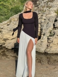 Women Sexy Contrast Color Patchwork Maxi Dress Elegant U-Neck Long Sleeve High Slit Slim Fit Party Evening Bodycon Long Dress With Neck Strap