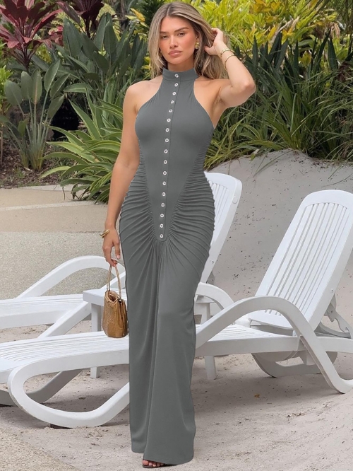 Women Halter Pleated Maxi Dress 95% Polyester 5% Spandex Button Front Slim Fit French Style Sleeveless Long Dress For Summer Beach Vacation Socialite Evening Party