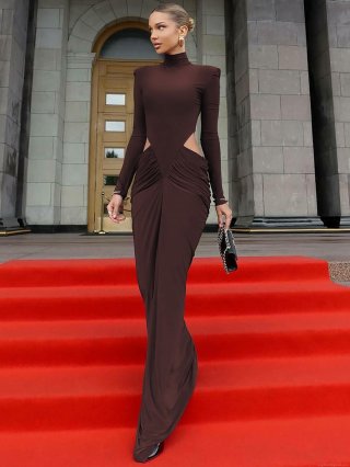 Women's Sexy Cut-out Ruched High Neck Long Sleeve Maxi Dress Elegant Bodycon Floor Length Party Evening Gown Polyester Spandex Dress