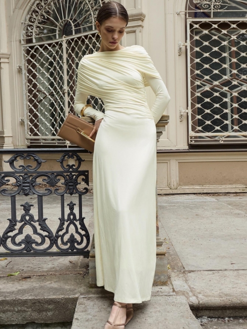 Elegant Ruched Maxi Dress for Women Sexy Slim Fit Long Sleeve Solid Color Draped Floor Length Dress for Party Evening Club Socializing Polyester Spandex Blend