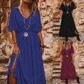 Women Plus Size V Neck Maxi Dress Chiffon Short Batwing Sleeve Side Split Elegant Bohemian Summer Casual Loose Long Dress