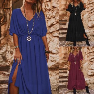 Women Plus Size V Neck Maxi Dress Chiffon Short Batwing Sleeve Side Split Elegant Bohemian Summer Casual Loose Long Dress