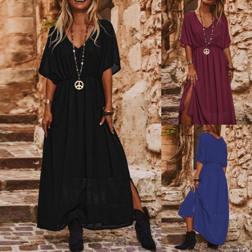 Women's Bohemian V-Neck Maxi Dress Elegant Chiffon Polyester Spandex Batwing Sleeve Elastic Waist High Slit Long Dress For Summer Beach Vacation Party