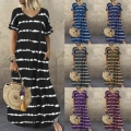 Women Summer V Neck Tie Dye Stripe Maxi Dress Casual Short Ruffle Sleeve Loose Straight Long Dress With Pockets Cotton Polyester Plus Size Vacation Vestidos