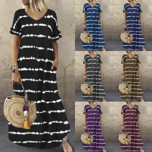 Women Summer V Neck Tie Dye Stripe Maxi Dress Casual Short Ruffle Sleeve Loose Straight Long Dress With Pockets Cotton Polyester Plus Size Vacation Vestidos