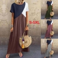 Women's Casual Color Block Maxi Dress Short Sleeve Round Neck Loose Patchwork Boho Plus Size Long Dress For Beach Holiday