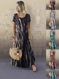 Women Summer Bohemian Tie-Dye Maxi Dress Round Neck Short Sleeve Large Swing Casual Loose Fit Plus Size Beach Vacation Long Dress