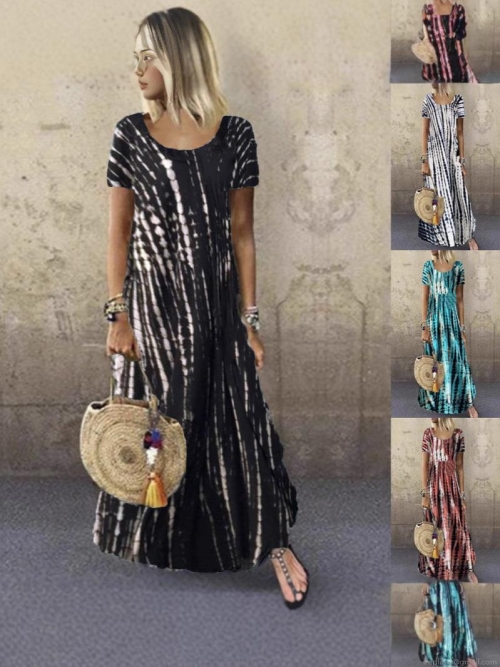 Women Summer Bohemian Tie-Dye Maxi Dress Round Neck Short Sleeve Large Swing Casual Loose Fit Plus Size Beach Vacation Long Dress