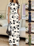 Women's Slim Fit Short Sleeve Maxi Dress Stretch Polyester Spandex Round Neck Solid Color Floral Print Long Dress For Summer Casual Daily Wear