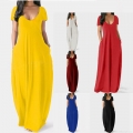 Women's Plus Size Solid Color Maxi Dress Milk Silk Polyester Spandex Deep V-Neck Short Sleeve Loose Casual Long Dress With Side Pockets Summer Fashion Sundress For Women