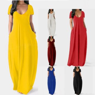 Women's Plus Size Solid Color Maxi Dress Milk Silk Polyester Spandex Deep V-Neck Short Sleeve Loose Casual Long Dress With Side Pockets Summer Fashion Sundress For Women