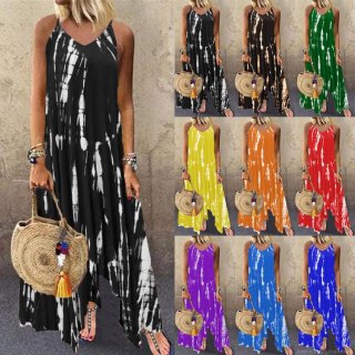 Women's Summer Tie Dye V-Neck Maxi Dress Sleeveless Irregular Hem Long Vacation Beach Sun Dress With Pockets Casual Bohemian Polyester Spandex Loose Gown