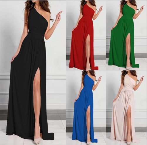 Women's Sexy One Shoulder High Slit Maxi Dress Elegant Sleeveless Polyester Spandex Slim Fit Long Party Evening Dress For Women