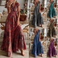 Women's Bohemian Paisley Floral Print Maxi Dress V Neck Short Sleeve High Waist A Line Swing Long Dress For Summer Vacation Holiday Beach Wear