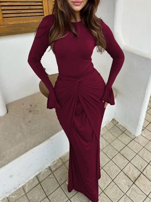 Women Round Neck Long Flare Sleeve Maxi Dress Elegant Slim Fit Waist Knot Solid Color Party Evening Gown