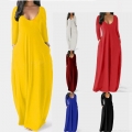 Women's Solid Color V-Neck Maxi Dress with Pockets Long Sleeve Polyester Plus Size Loose Casual Long Swing Gown