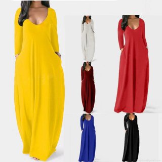 Women's Solid Color V-Neck Maxi Dress with Pockets Long Sleeve Polyester Plus Size Loose Casual Long Swing Gown