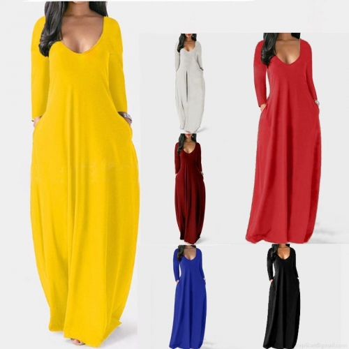 Women's Solid Color V-Neck Maxi Dress with Pockets Long Sleeve Polyester Plus Size Loose Casual Long Swing Gown