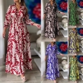 Women Bohemian Tropical Leaf Print Maxi Dress V-Neck Elastic Waist Long Sleeve Ruffle Hem Casual Vacation Retro Flowy Long Dresses