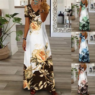 Women's Summer Elegant V-Neck Short Sleeve Maxi Dress Polyester Spandex Blend Large Floral Rose Print A-Line Long Dress For Casual Daily Beach Vacation Bohemian Style
