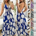 Women's Bohemian Pineapple Print Maxi Dress Halter V-Neck High Waist Backless Smocked Summer Beach Vacation Long Dress Polyester Spandex Blend
