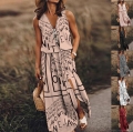 Women's Summer Sleeveless Maxi Dress V-Neck Zipper Side Slit Letter Print Polyester Spandex Casual Streetwear Dress For Ladies