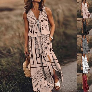 Women's Summer Sleeveless Maxi Dress V-Neck Zipper Side Slit Letter Print Polyester Spandex Casual Streetwear Dress For Ladies