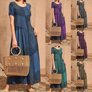 Women Retro Plaid Patchwork Maxi Dress Short Sleeve U Neck Casual Loose Swing Long Gown For Summer Vacation Beach Boho Style Women Clothing Breathable Large Hem Outfits