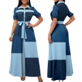 Women Color-Block Maxi Dress Elegant Polyester Lapel Short Sleeve Button Down Shirt Dress With Belt Faux Denim Print Sexy Summer Commuting Long Dress