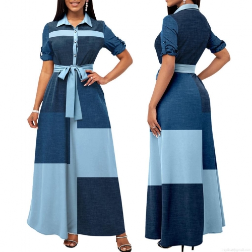 Women Color-Block Maxi Dress Elegant Polyester Lapel Short Sleeve Button Down Shirt Dress With Belt Faux Denim Print Sexy Summer Commuting Long Dress
