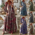 Women's Bohemian Paisley Print Maxi Dress Vintage V Neck Flare Sleeve High Waist Flowy Beach Vacation Long Dress Polyester Spandex