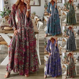Women's Bohemian Paisley Print Maxi Dress Vintage V Neck Flare Sleeve High Waist Flowy Beach Vacation Long Dress Polyester Spandex