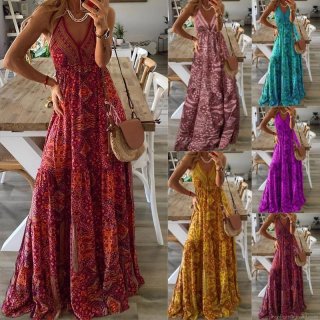 Women's Bohemian V-Neck Spaghetti Strap Maxi Dress Floral Print Tiered Ruffle Hem Long Sundress Summer Beach Party Vacation Dresses