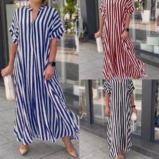 Women's Casual Striped V-Neck Maxi Dress Short Sleeve Side Split Loose Summer Kaftan Dress Polyester Spandex Knit Long Dress