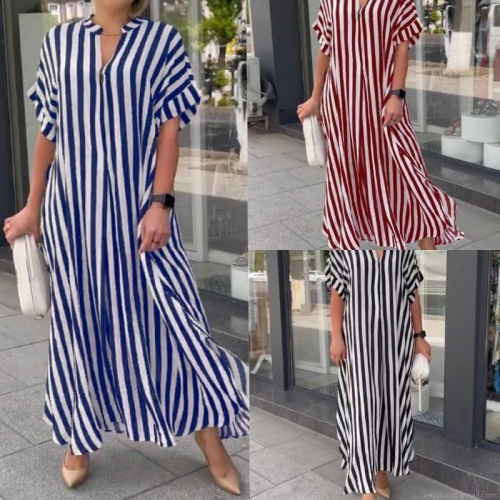 Women's Casual Striped V-Neck Maxi Dress Short Sleeve Side Split Loose Summer Kaftan Dress Polyester Spandex Knit Long Dress
