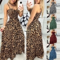 Women's Sexy Leopard Print Spaghetti Strap Maxi Dress V-Neck High Waist Smocked A-Line Tiered Ruffle Long Polyester Spandex Summer Beach Vacation Dress