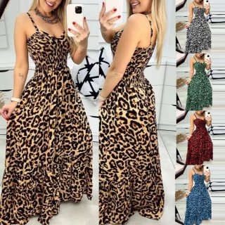 Women's Sexy Leopard Print Spaghetti Strap Maxi Dress V-Neck High Waist Smocked A-Line Tiered Ruffle Long Polyester Spandex Summer Beach Vacation Dress