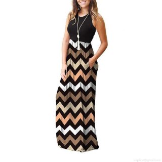Women's Sleeveless Round Neck Patchwork Maxi Dress Elegant Chevron Wave Print High Waist Long Dress With Pockets Summer Casual Vacation Bohemian Polyester Dress