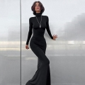 Women's High Neck Long Sleeve Bodycon Maxi Dress Sexy Solid Color Polyester Spandex Mermaid Hem Slim Fit Party Evening Clubwear Dress