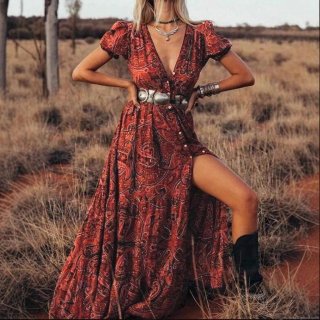 Women Bohemian Maxi Dress Paisley Floral Print V Neck Puff Sleeve Button Up Front Slit Flowy Vacation Long Dress Vintage Ethnic Style