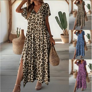 Women Summer Leopard Print V-Neck Short Sleeve Maxi Dress Casual Loose Side Slit Bohemian Beach Long Dress Polyester Apparel